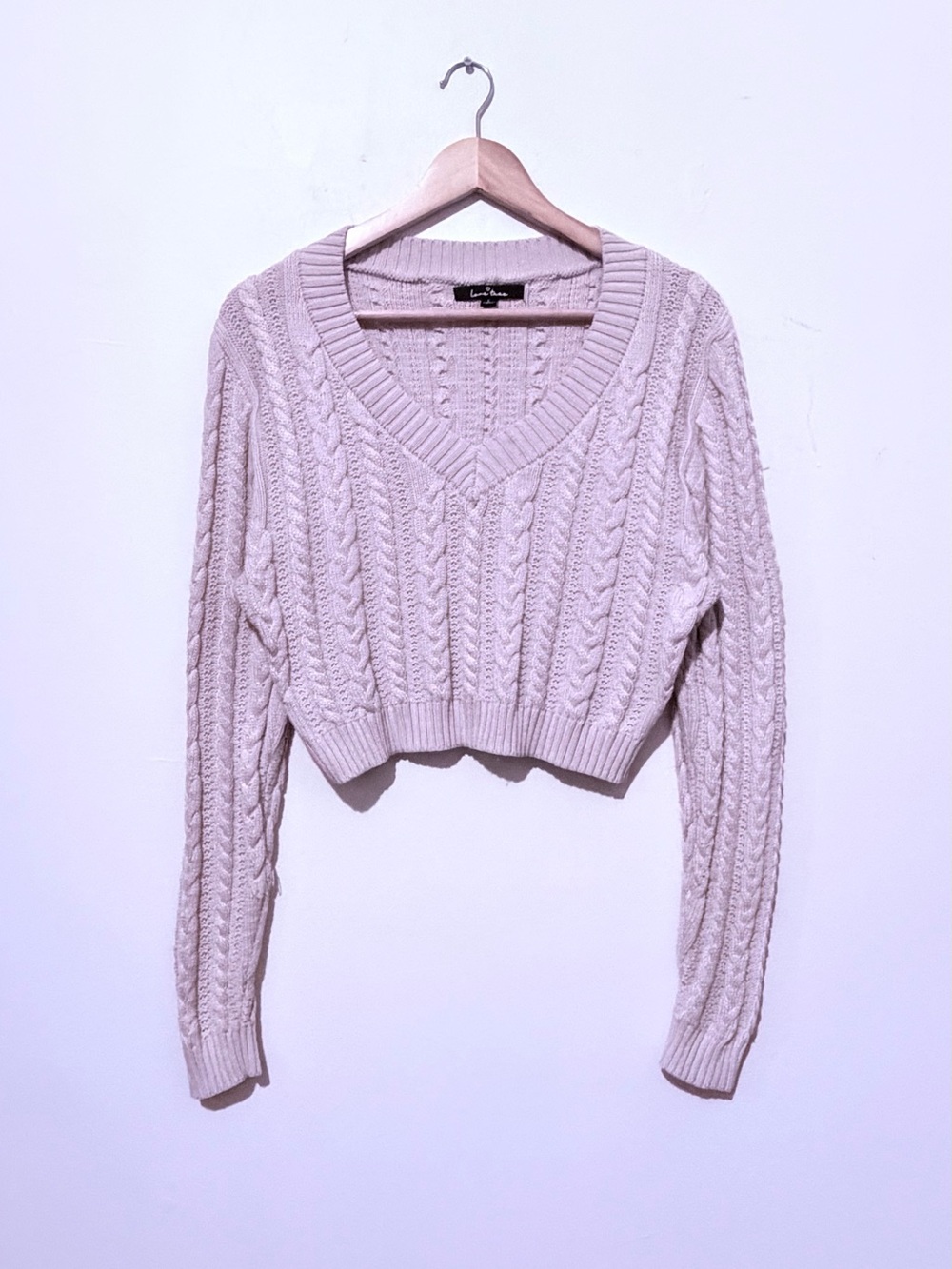 Love Tree Cropped Cable V-Neck Sweater - Beige